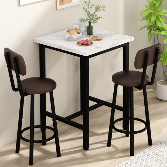 Recaceik 3 Piece Pub Dining Set, 24" Square Kitchen Table and Chairs Set with 2 PU Leather Upholstered Stools, Pub Table and Chairs Set for Breakfast Nook Living Room Small Space Restaurant