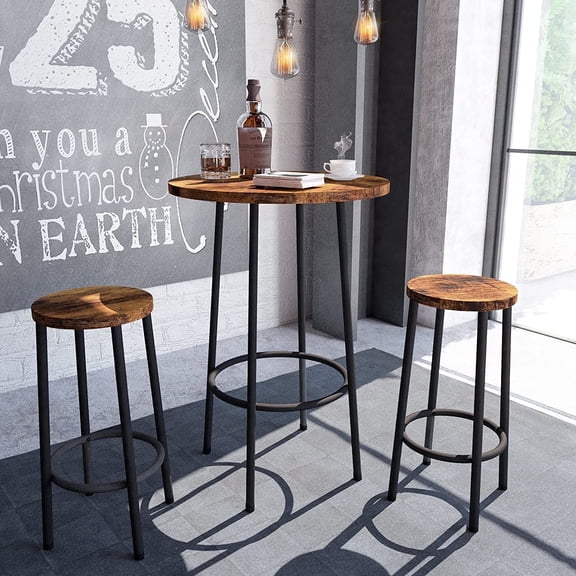 Cvortll 3 Piece Pub Dining Set, Modern Round bar Table and Stools for 2 Kitchen Counter Height Wood Top Bistro Easy Assemble for Breakfast Nook Living Room Small Space Restaurant, Rustic Brown