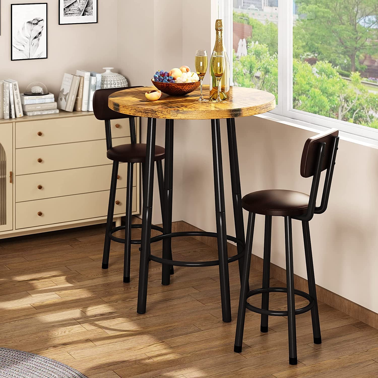 Recaceik 3 Piece Modern Steel Corrosion Resistant Pub Dining Table with Chair Set