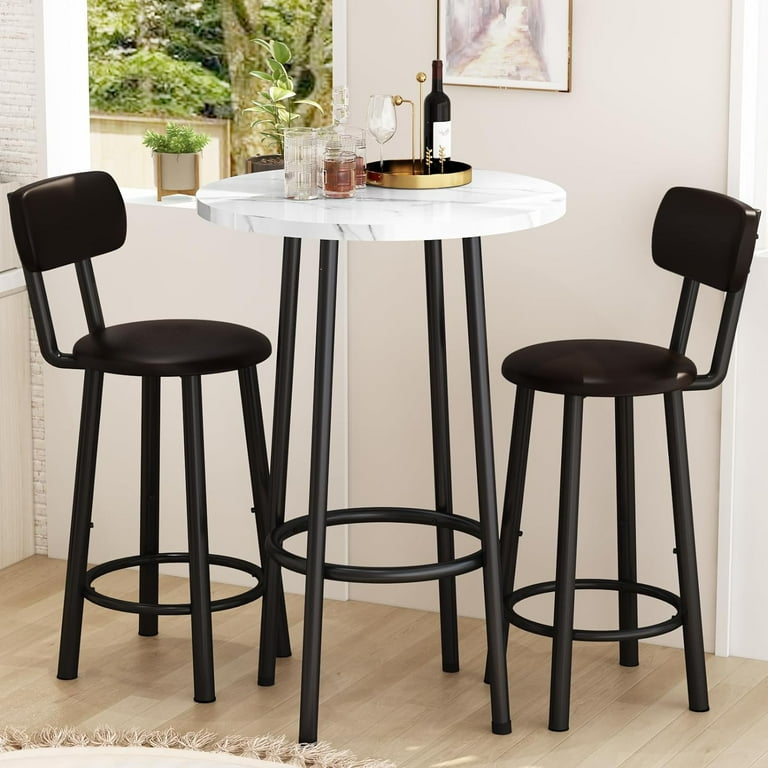 Recaceik 3 Piece Pub Table Sets 23.6 Round Faux Marble Bar Tables with 2 Barstool Wood Pub Bar Table Set for Small Spaces Kitchen Breakfast