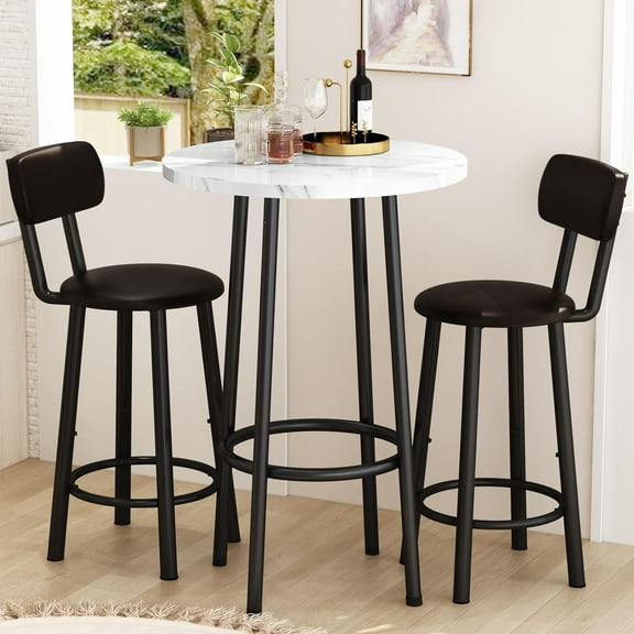 Recaceik 3 Piece Pub Table Sets, 23.6" Round Faux Marble Bar Tables with 2 Barstool, Wood Pub Bar Table Set for Small Spaces, Kitchen, Breakfast
