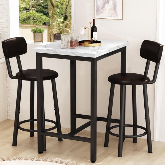 Cvortll 3 Piece Pub Table Sets, 23.6” Square Faux Marble Bar Tables with 2 Barstool, Wood Pub Bar Table Set for Small Spaces, Kitchen, Breakfast