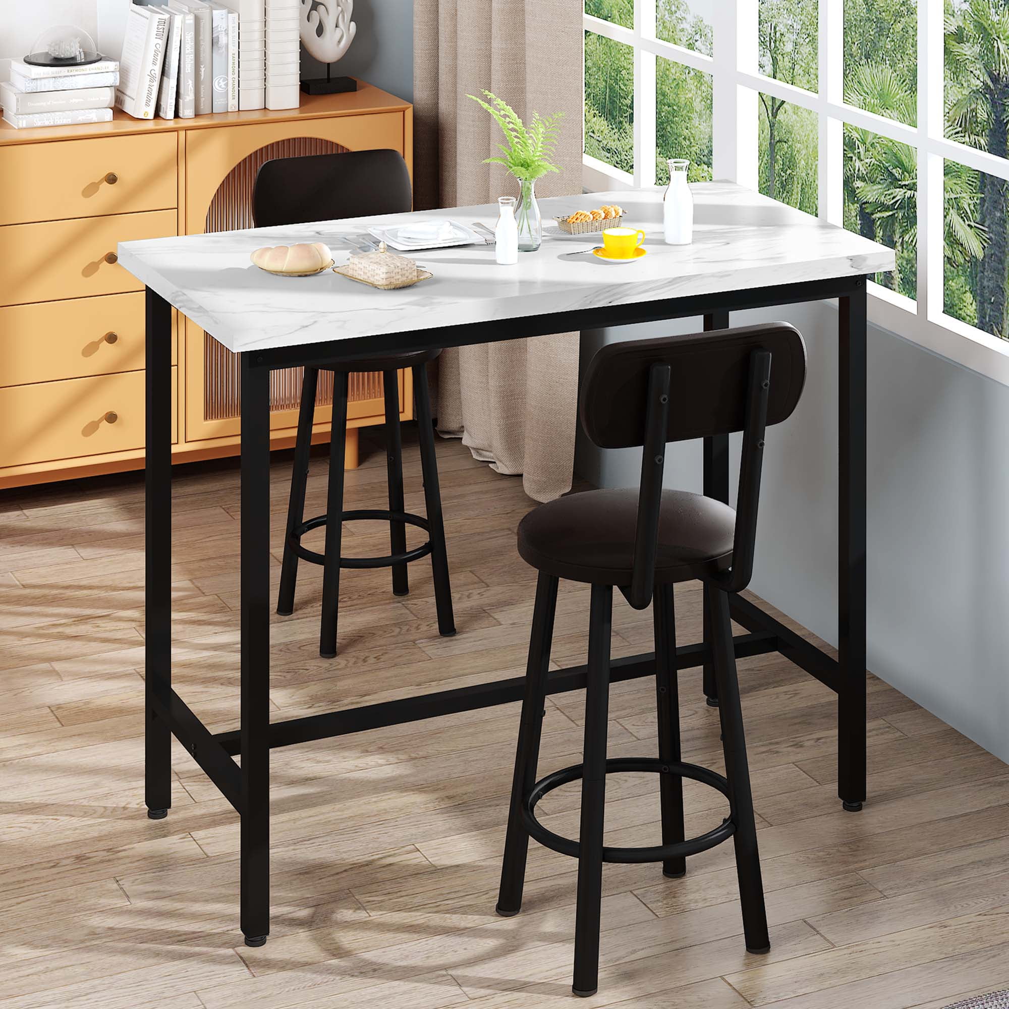 Recaceik 3 Piece Pub Table Sets 47.2 Rectangle Faux Marble Bar Tables with 2 Barstool Wood Pub Bar Table Set for Small Spaces Kitchen Breakfast