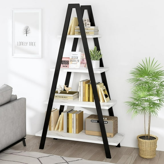 Recaceik 4-Tier Bookshelf, A-Shaped Bookcase Industrial Ladder Shelf Open Display Shelves with Metal Frame, Freestanding Plant Stand, Triangle Shelf for Living Room, Home Office