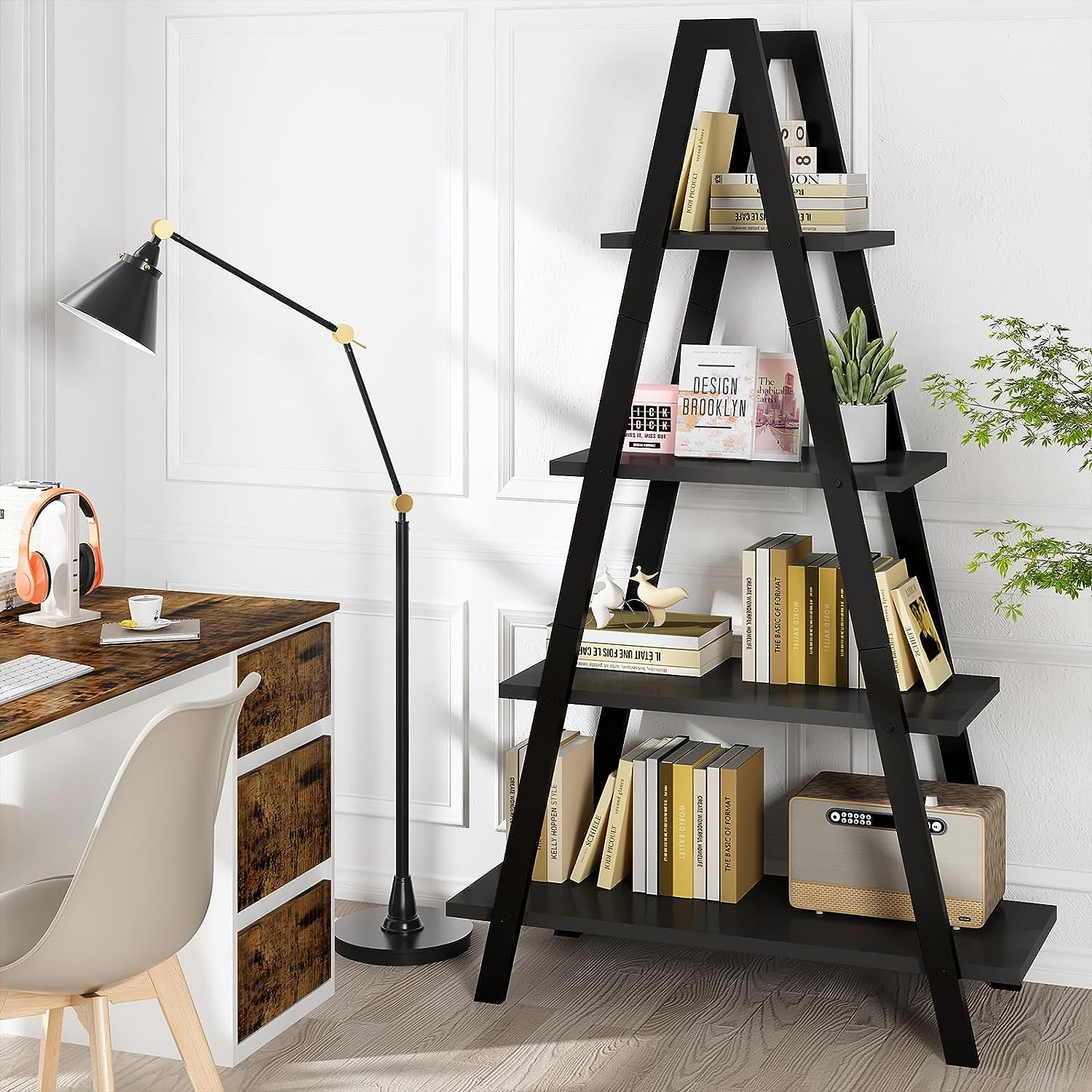 Mdf Ladder Rack Recaceik 4-Tier Ladder Bookshelf, Standing Furniture, MDF Wood Metal ...