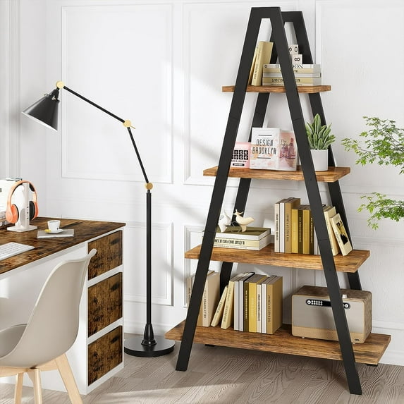 Recaceik 4 Tier Ladder Bookcases, MDF Board Metal Rustic Brown 31.50x10.70x53 in, 17 lb