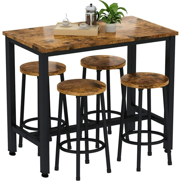 Recaceik 5 Pcs Dining 4 Bar Stools Industrial Style Table Set Height 35.7" for Kitchen,Living, Party Room, Rustic Brown