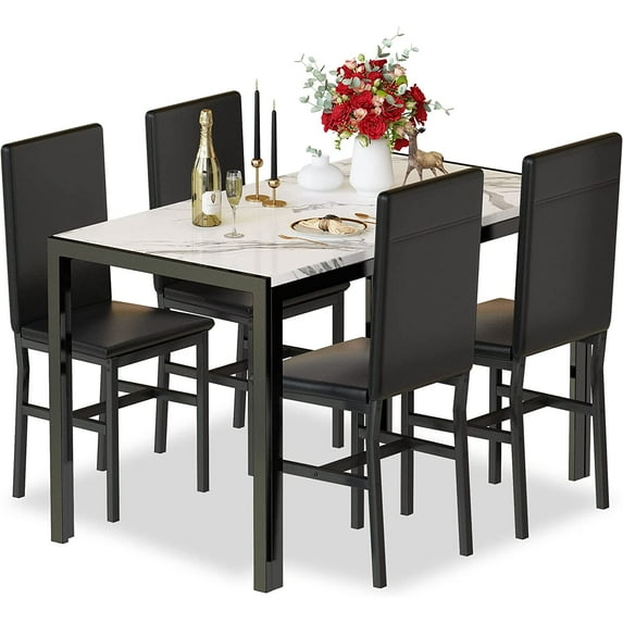 Recaceik 5 Piece Dining Room Furniture Table Set,30.1” H Faux Marble Tabletop and 4 PU Leather Chairs