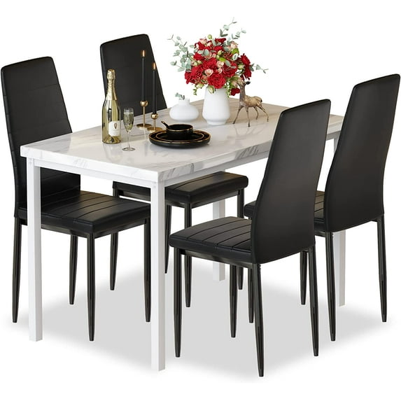 Recaceik 5 Piece Dining Room Furniture Table Set,30.1” H Faux Marble Tabletop and 4 PU Leather Chairs