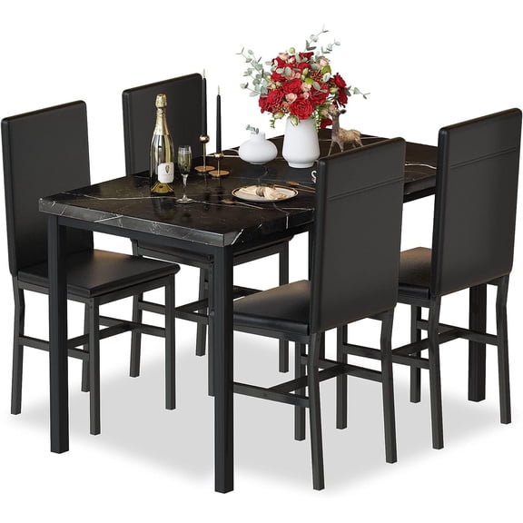 Cvortll 5 Piece Dining Room Furniture Table Set,30.1” H Faux Marble Tabletop and 4 PU Leather Chairs