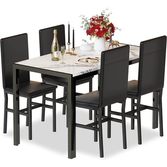Cvortll 5 Piece Dining Room Furniture Table Set,30.1” H Faux Marble Tabletop and 4 PU Leather Chairs