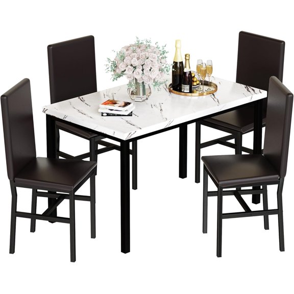 Recaceik 5-Piece Dining Table Set for 4, Faux Marble Kitchen Table Chairs Set of 4, Kitchen Table Set with 4 Upholstered PU Leather Chairs for Dining Room, Apartment, Small Spaces, White & Brown