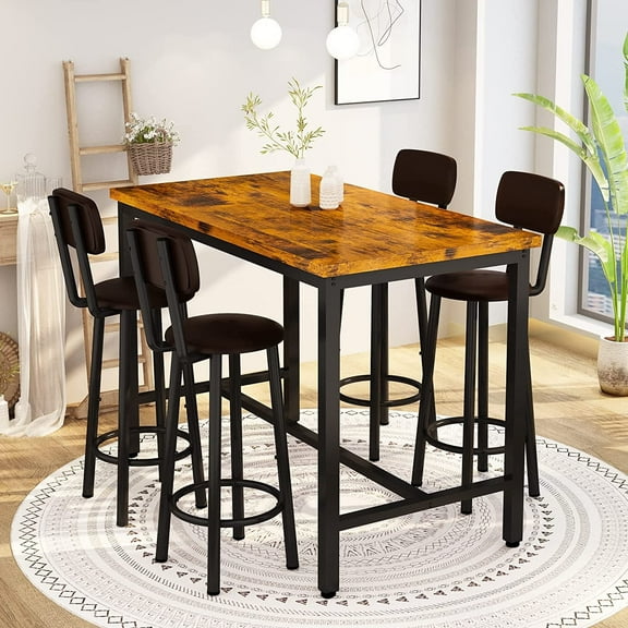 Recaceik 5 Piece Industrial Polyurethane Dining Table Set, Brown