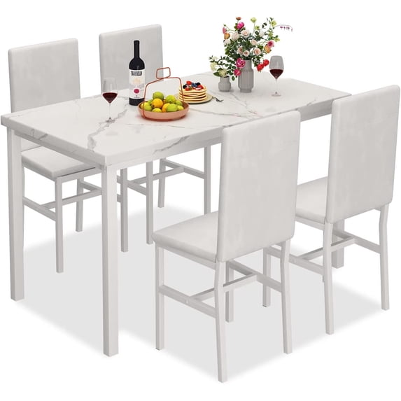 Cvortll 5-Piece Marble Dining Table Set with 4 Pu Leather Metal Frame Chairs for 4, 31.2"H Table