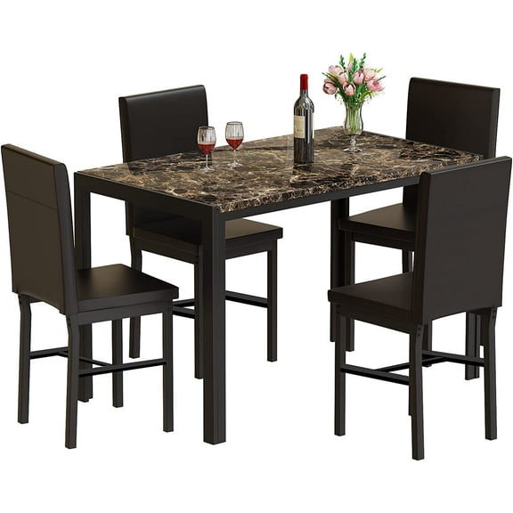 Recaceik 5-Piece Marble Dining Table Set with 4 Pu Leather Metal Frame Chairs for 4, 31.2"H Table