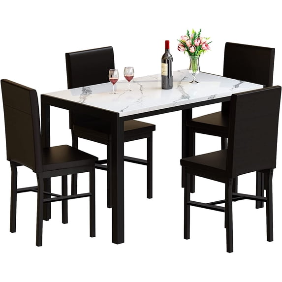 Recaceik 5 Piece Marble Sets, Table 4,with Faux Leather Metal Frame Chairs for Dining Room, Kitchen, Breakfast Corner