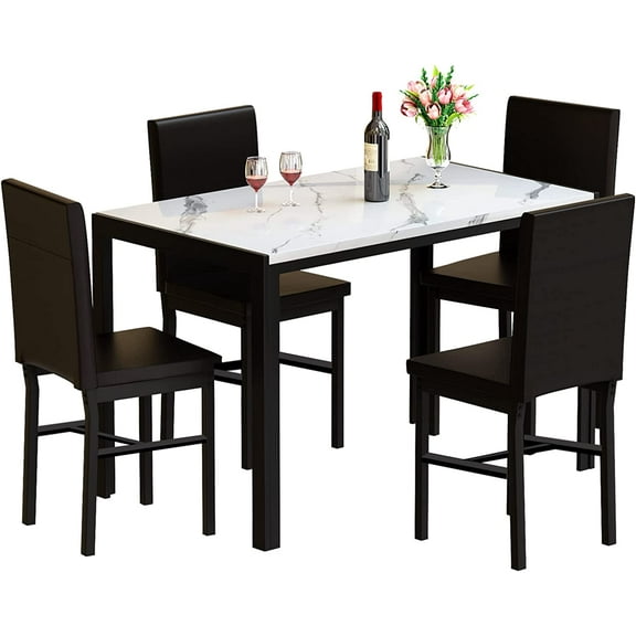Recaceik 5 Piece Marble Sets, Table 4,with Faux Leather Metal Frame Chairs for Dining Room, Kitchen, Breakfast Corner