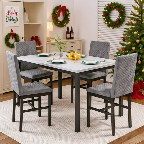 Recaceik 5 Piece Modern Faux Marble Dining Table Set, Gray
