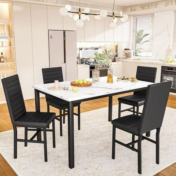 Recaceik 5-Piece Small Dining Table Set for 4, Modern Faux Marble Kitchen Table with 4 Upholstered PU Leather Chairs, Dining Room Table Set for Dinette, Breakfast Nook & Small Spaces, Black