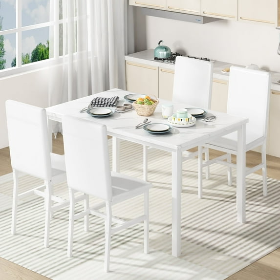 Cvortll 5 Pieces Dining Room Table Set for 4, Space Saving Kitchen Table and Chairs , Set with 4 Upholstered PU Leather Chairs and Faux Marble Tabletop, All White