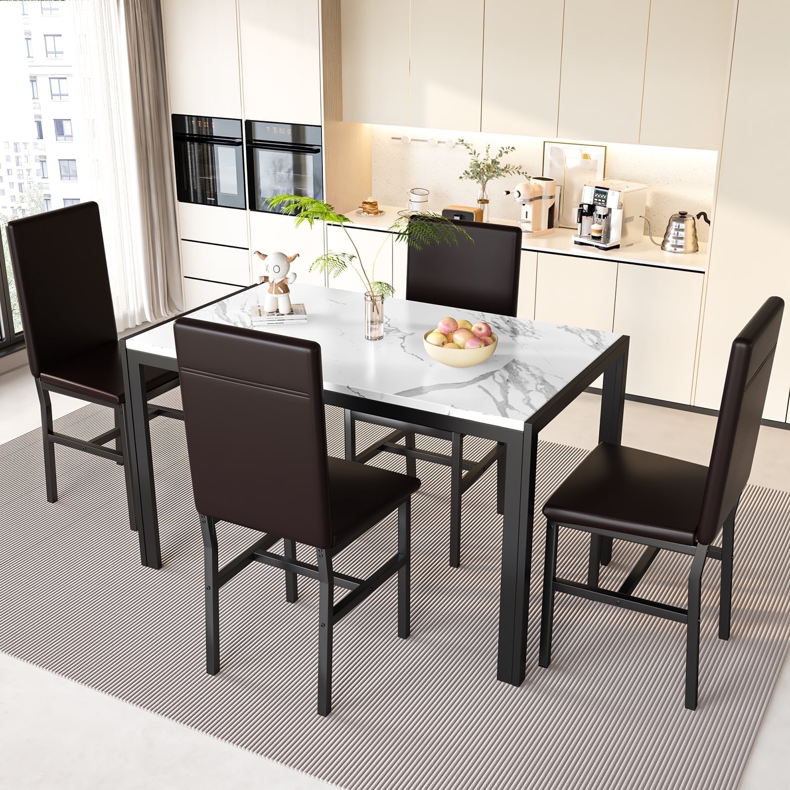 Cvortll 5 Pieces Dining Room Table Set for 4, Space Saving Kitchen Table and Chairs , Set with 4 Upholstered PU Leather Chairs and Faux Marble Tabletop, Deep Brown + White