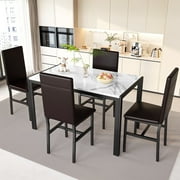 Cvortll 5 Pieces Dining Room Table Set for 4, Space Saving Kitchen Table and Chairs , Set with 4 Upholstered PU Leather Chairs and Faux Marble Tabletop, Deep Brown + White