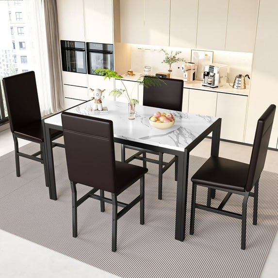 Cvortll 5 Pieces Dining Room Table Set for 4, Space Saving Kitchen Table and Chairs , Set with 4 Upholstered PU Leather Chairs and Faux Marble Tabletop, Deep Brown + White