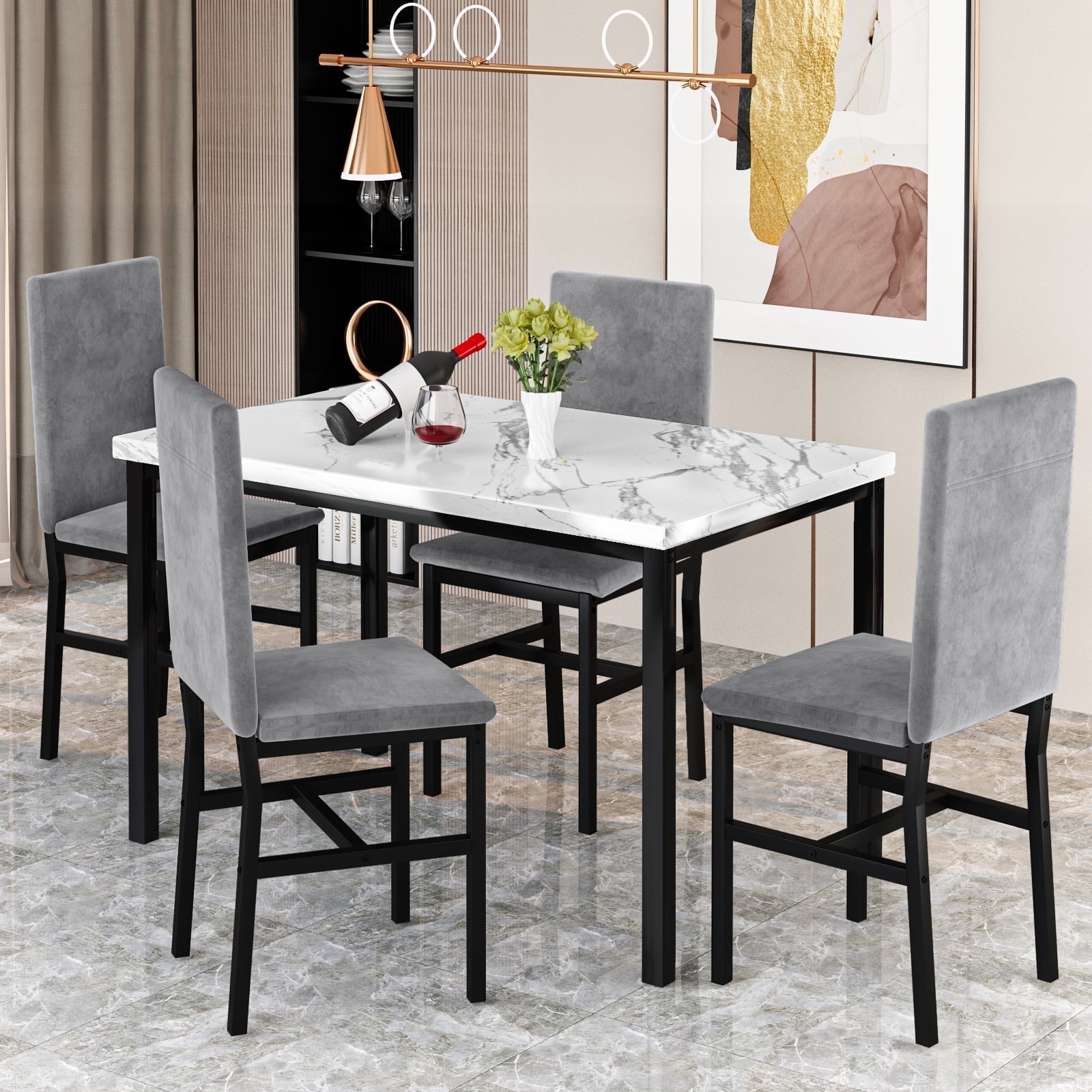 Cvortll 5 Pieces Dining Room Table Set for 4, Space Saving Kitchen Table and Chairs , Set with 4 Upholstered PU Leather Chairs and Faux Marble Tabletop, Gray + White