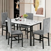 Cvortll 5 Pieces Dining Room Table Set for 4, Space Saving Kitchen Table and Chairs , Set with 4 Upholstered PU Leather Chairs and Faux Marble Tabletop, Gray + White