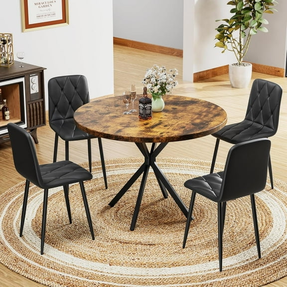 Recaceik 5 Pieces Round Dining Table Sets for 4, Mid-Century Modern Round Table with 4 PU Leather Chairs, Kitchen Dining Table Set for Homes, Apartments
