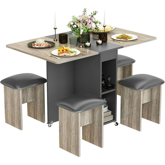 Cvortll 5-Piece Folding Dining Table Set for 4, Space Saving Kitchen Table with 4 Faux Leather Chairs and Storage Shelves, Modern Foldable Dinner Table with 6 Wheels for Small Spaces, Grey