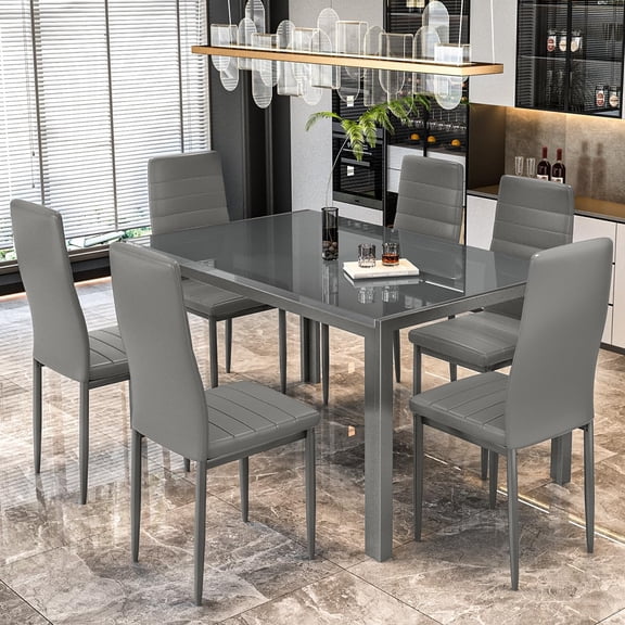 Cvortll 7 Pcs Tempered Glass Dining Table Sets, 29.3” H Glass Dining Table and 6 PU Leather Chairs