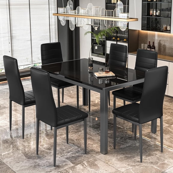 Cvortll 7 Pcs Tempered Glass Dining Table Sets, 29.3” H Glass Dining Table and 6 PU Leather Chairs