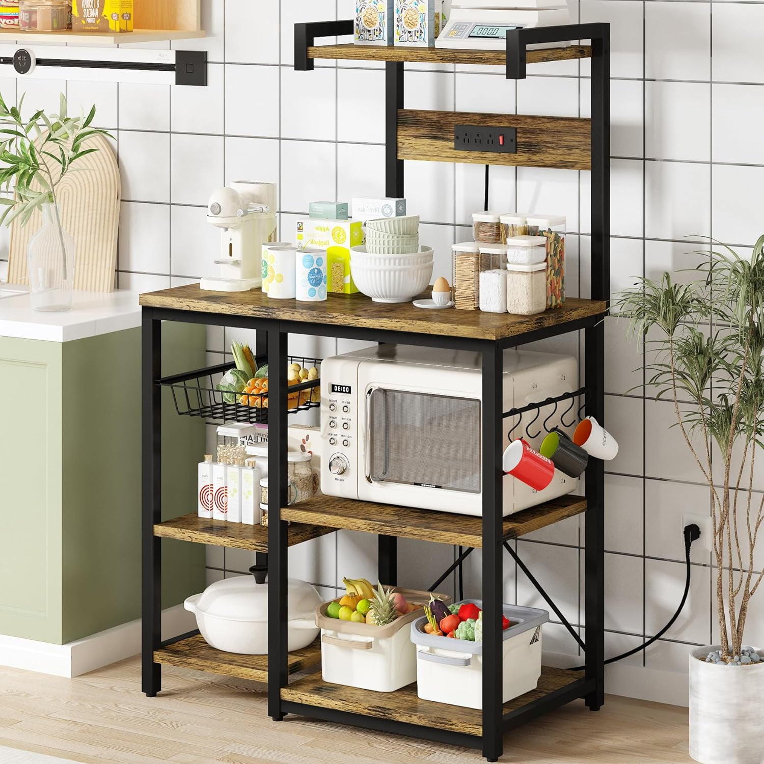 Recaceik Bakers Rack Kitchen Storage Rack with Power Outlet Microwave ...