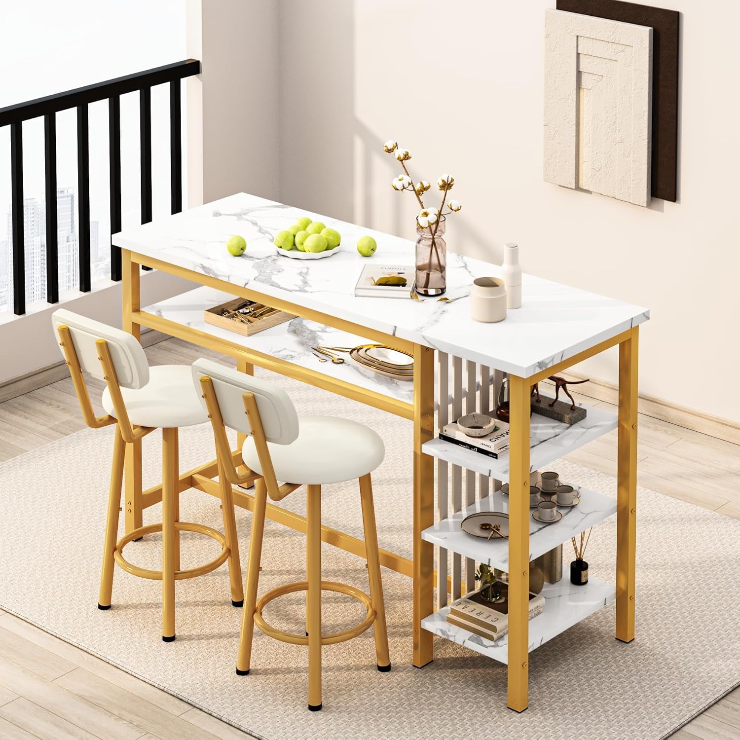 Cvortll Bar Table and Chairs Set, Kitchen Counter with 3 Tier Storage Shelves,3-Piece Faux Marble Table with 2 PU Cushion Bar Stools,White