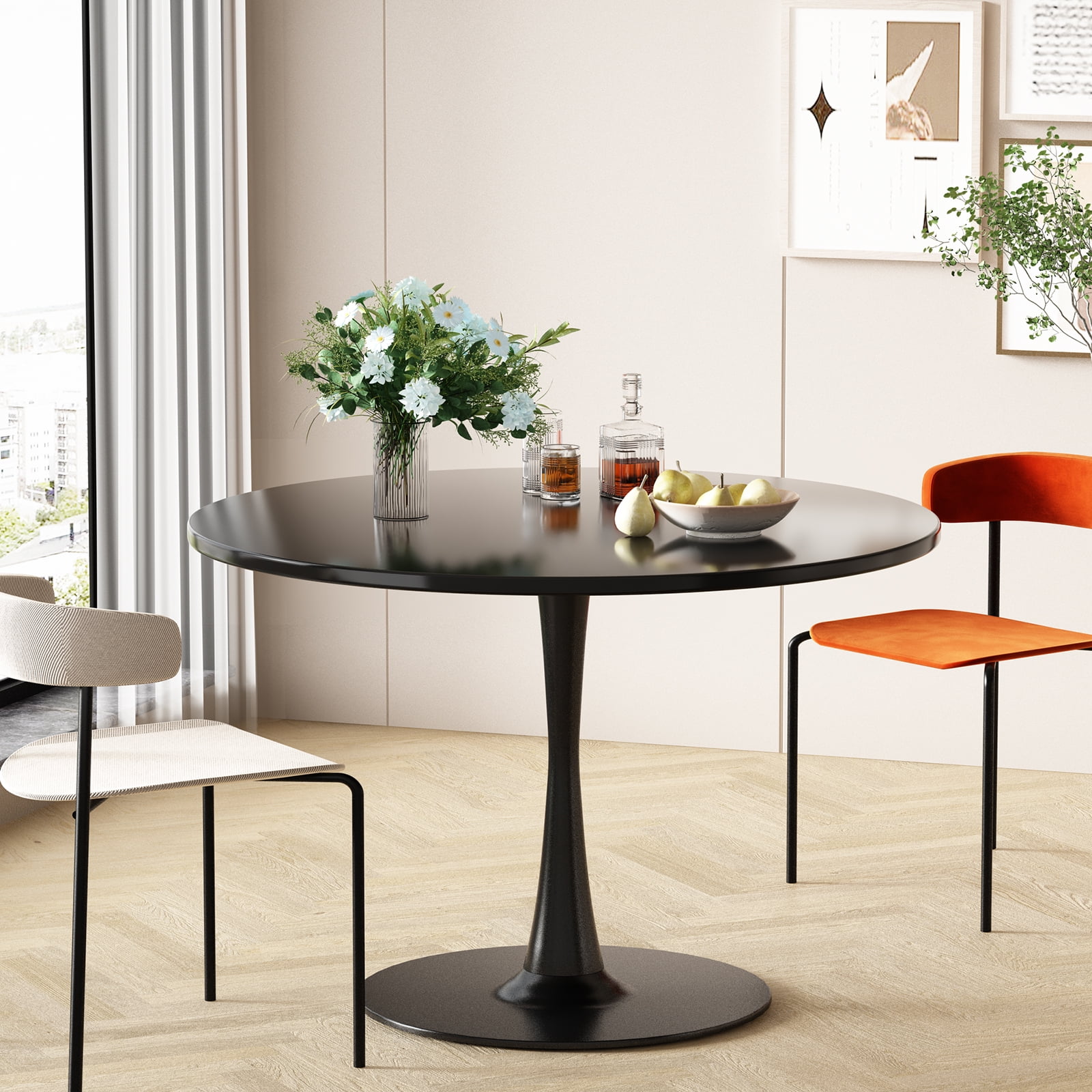 Recaceik Black Tulip Table, 42 inch Round Dining Table with MDF