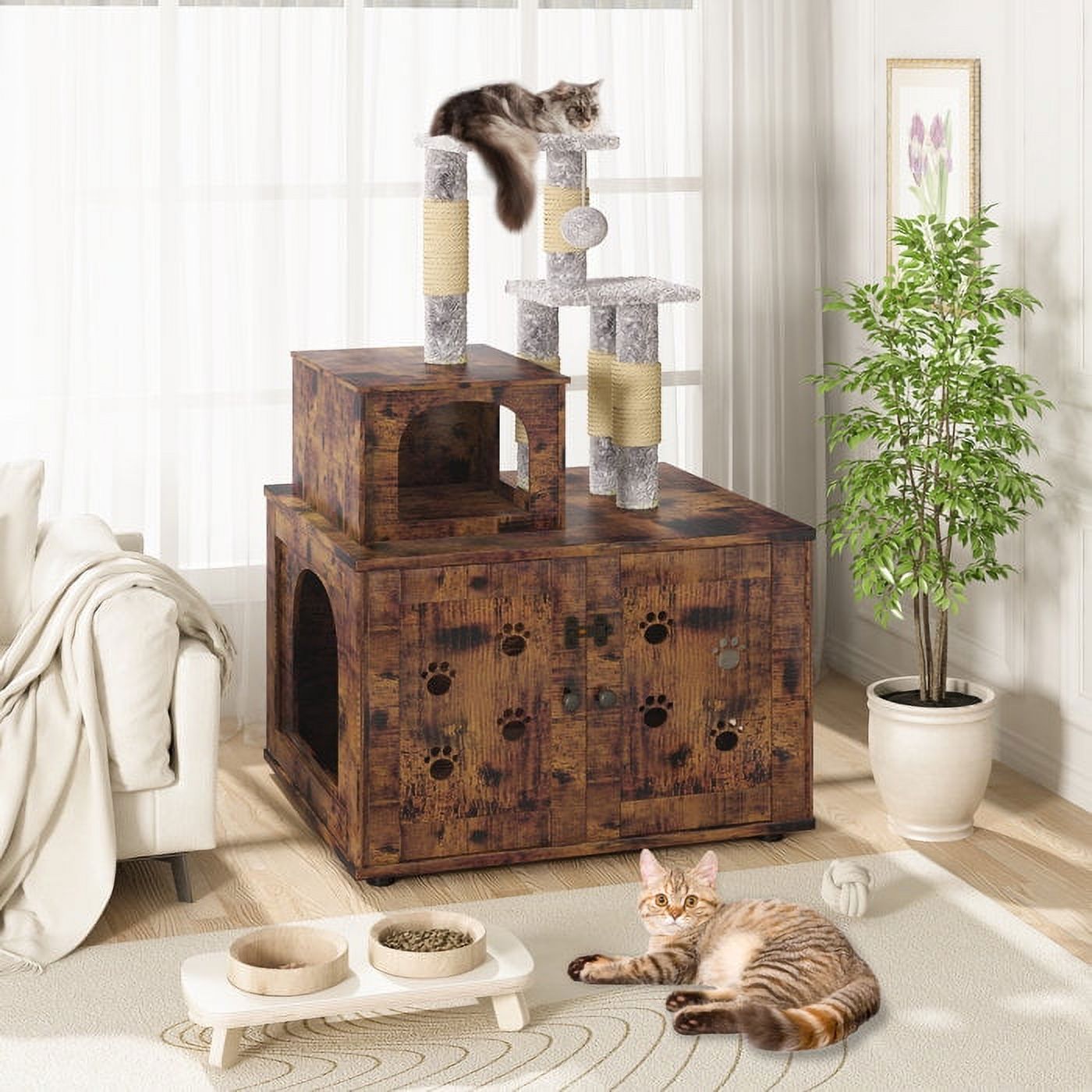 Recaceik Cat Litter Box Enclosure, Double Level Cat Tree Tower with