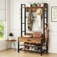 thumbnail image 1 of Cvortll Coat Rack, Industrial Entryway Hall Tree with Drawer, 5 in 1 Entryway Bench with Storage Shoe Rack and 12 Hooks, Freestanding Home Organizer with Shelf & Grid Panel, Anti-Dumping, 1 of 10