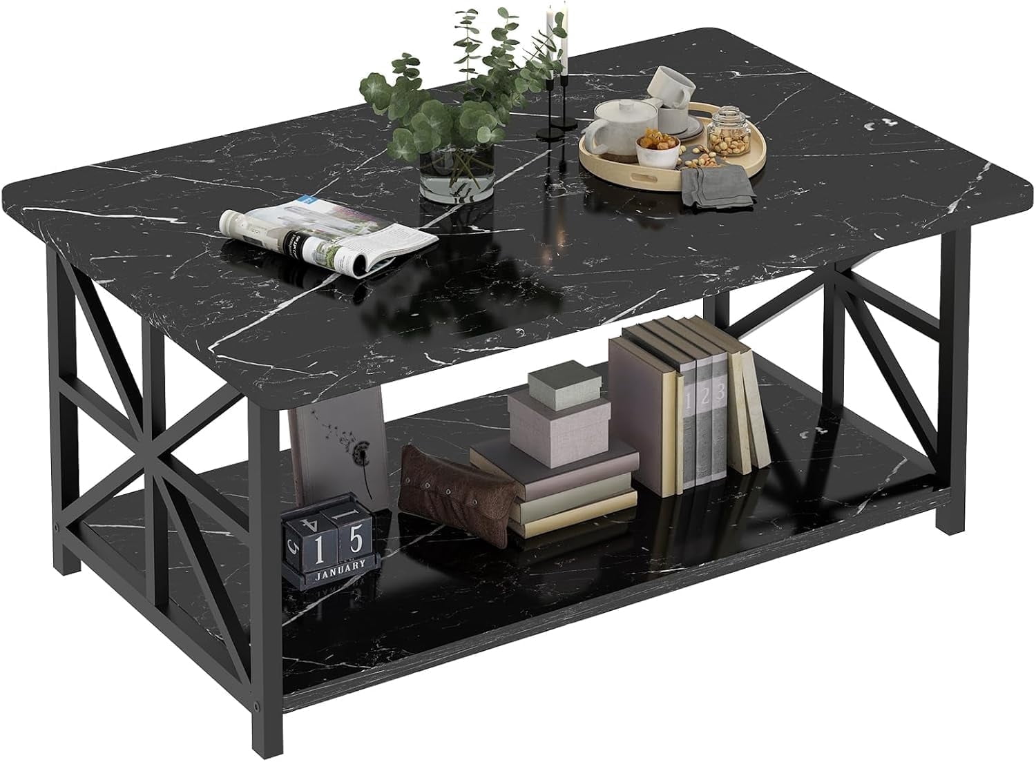 Cvortll Coffee Table Round Corners, 2 Tier Living Room Table with Storage Shelf, Rectangular Tabletop Center Desk for Small Spaces, Black