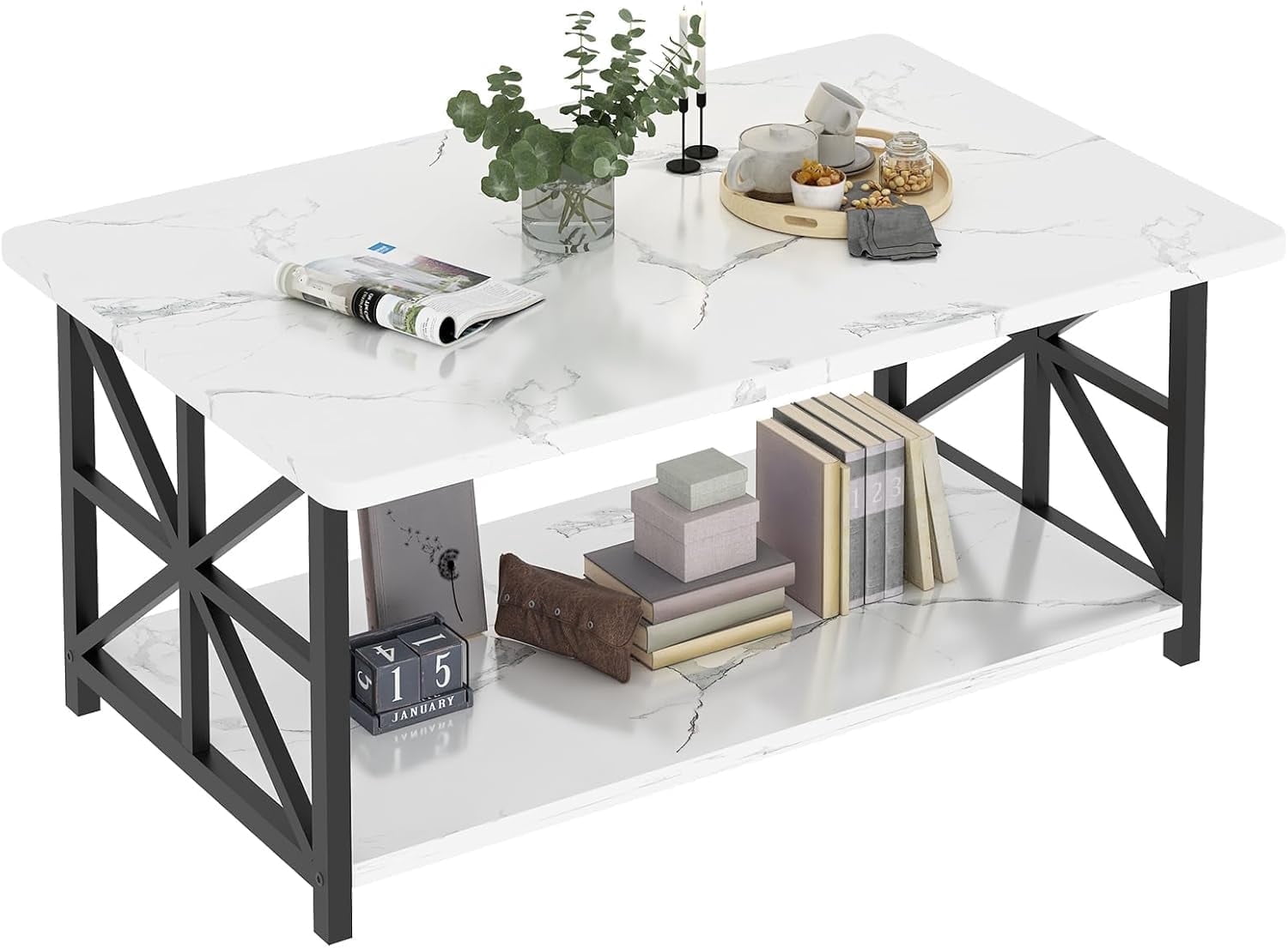 Cvortll Coffee Table Round Corners, 2 Tier Living Room Table with Storage Shelf, Rectangular Tabletop Center Desk for Small Spaces, White