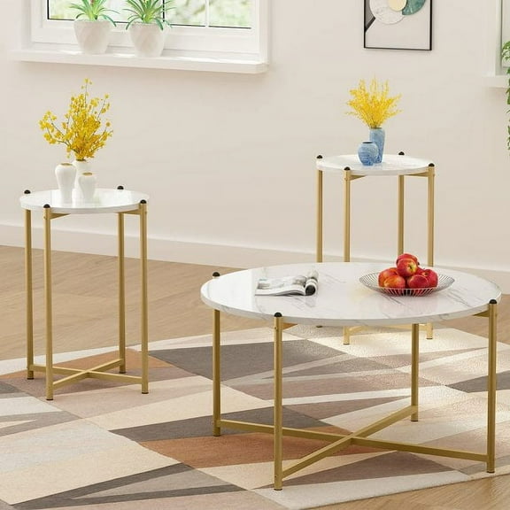 Recaceik Coffee Table Set of 3, Modern Round Coffee Table & 2pcs End Table Faux Marble Tabletop with Gold Cross Base Frame, Modern Living Room Table Sets for Apartment, Small Space (Gold)