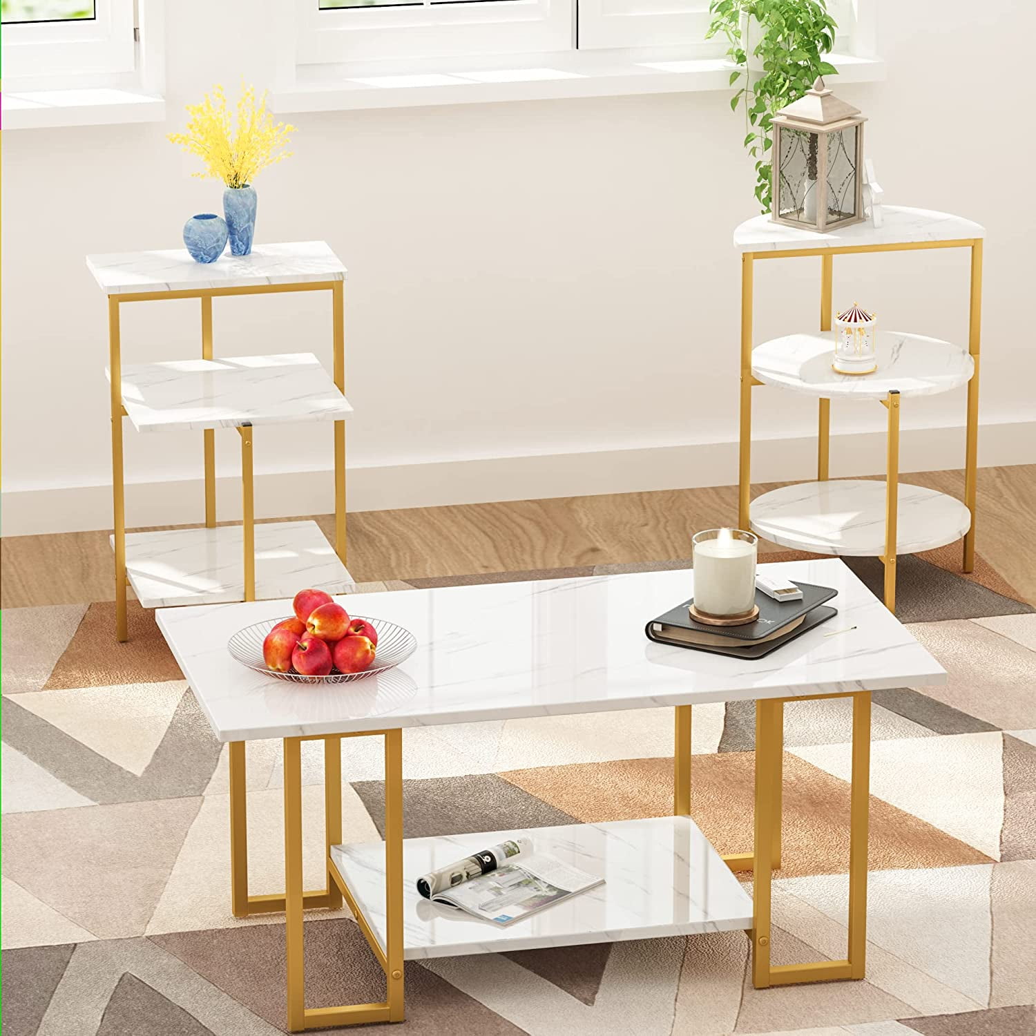 Recaceik Coffee Table Set of 3,Living Room Table Set with Faux Marble