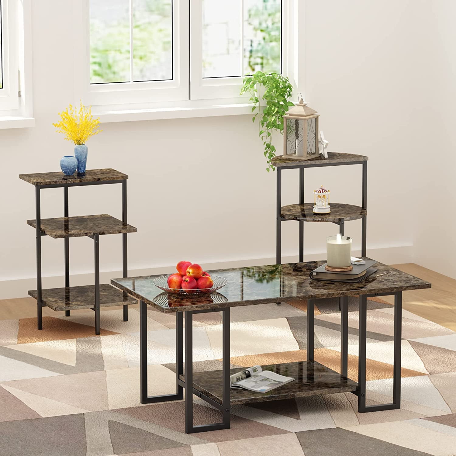 Recaceik Coffee Table Set of 3 Living Room Table Set with Faux