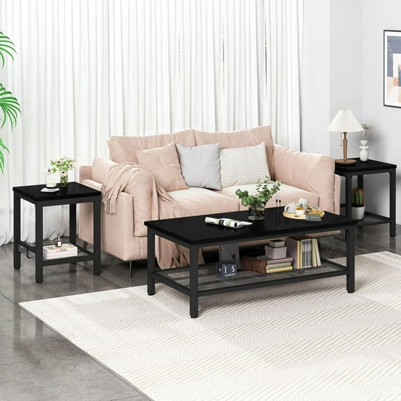 Recaceik Coffee Table Set of 3, Modern Wood Coffee Table with 2 Square End Side Tables, Living Room Table Set with Metal Frame for Home Office, Black