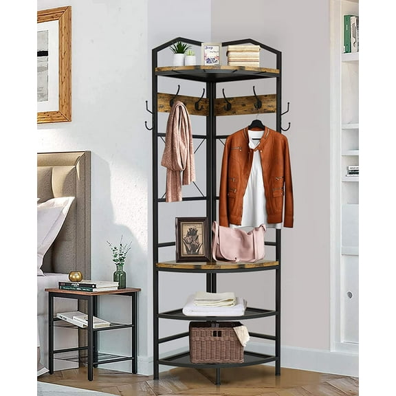Recaceik Corner Hall Tree Coat Rack with 6 Double Hooks, Wood Home Organizer Shoe Shelf for Entryway, Hallway, Closet, Rustic Brown