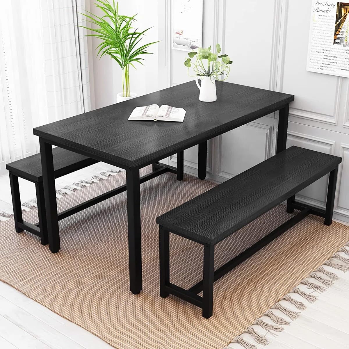Cvortll Dining Room Table Set, Kitchen Table Set with 2 Benches, Ideal for Home, Kitchen and Dining Room, Breakfast Table of 43.3x23.6x28.5 inches, Benches of 38.5x11.8x17.5 inches, Black