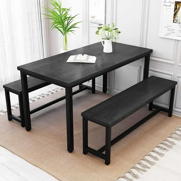 Cvortll Dining Room Table Set, Kitchen Table Set with 2 Benches, Ideal for Home, Kitchen and Dining Room, Breakfast Table of 43.3x23.6x28.5 inches, Benches of 38.5x11.8x17.5 inches, Black