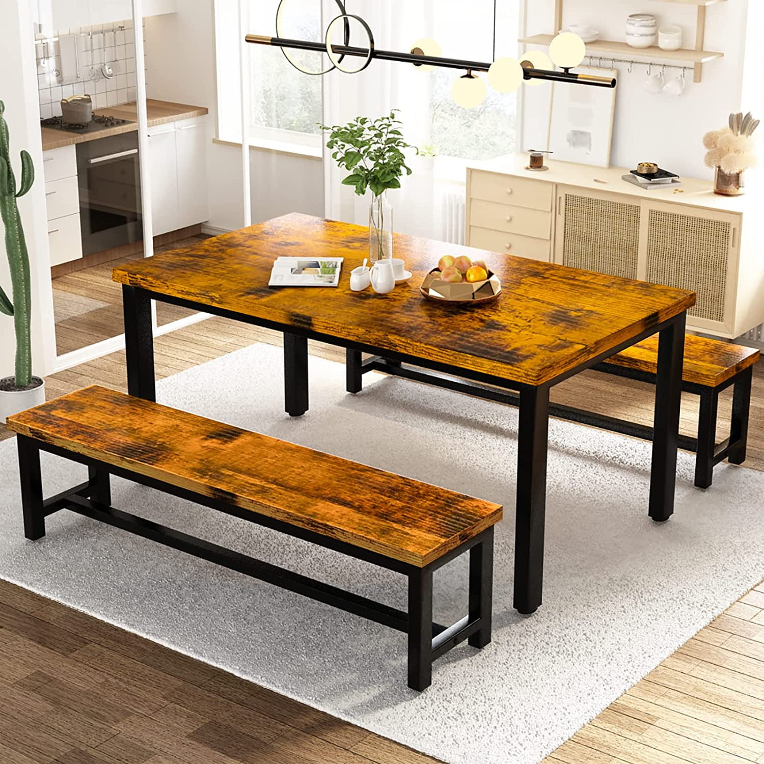 VASAGLE Dining Table Bench Set of 2 Room Bench Industrial Style Rustic  Brown Black