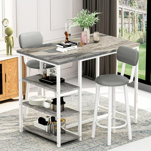 Cvortll Dining Table Set for 2, Marble Counter Height Pub Table with 2 PU Leather Backrest Stools & 3 Storage Shelves, Bar and Chairs Set for Small Space Dining Room, Kitchen, Bar (Grey)