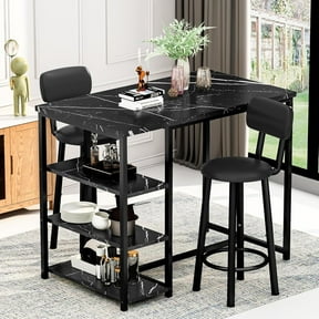 Cvortll Dining Table Set for 2, Marble Counter Height Pub Table with 2 PU Leather Backrest Stools & 3 Storage Shelves, Bar and Chairs Set for Small Space Dining Room, Kitchen, Bar (Black)